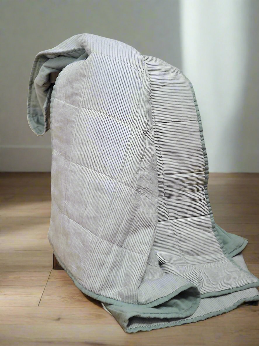 Pure Linen Cot Quilt & Play Mat in Sage and Pinstripe - TSL