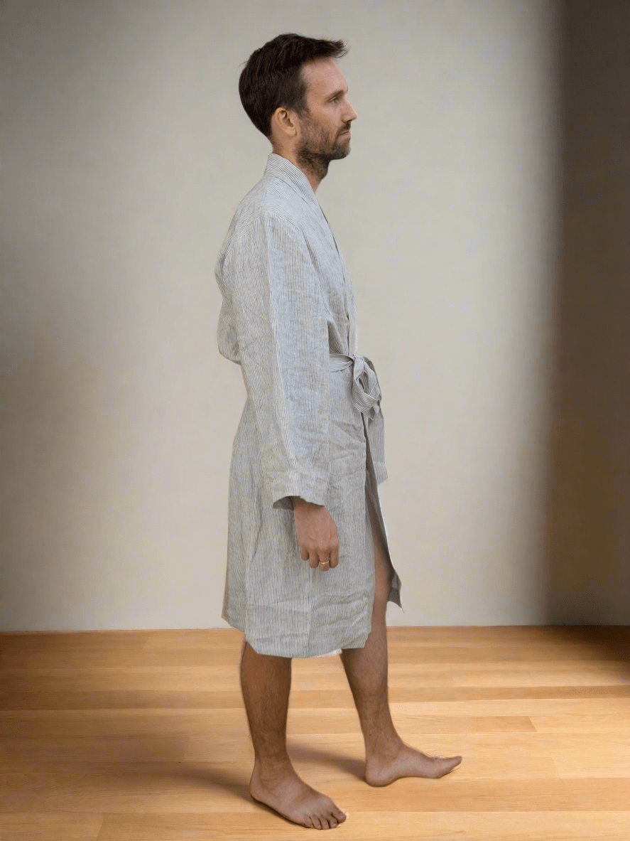 Pure Linen Robe in Black Stripe - TSL Co