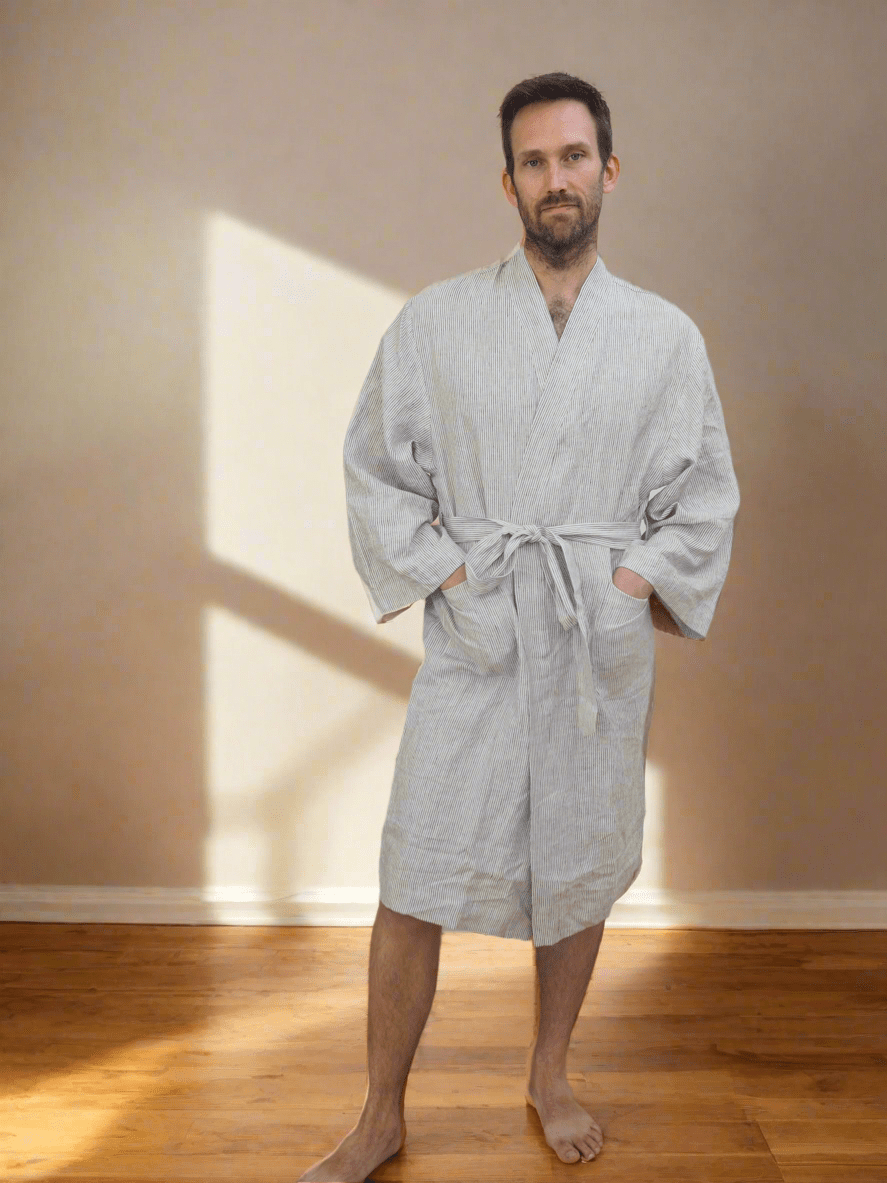 Pure Linen Robe in Black Stripe - TSL Co