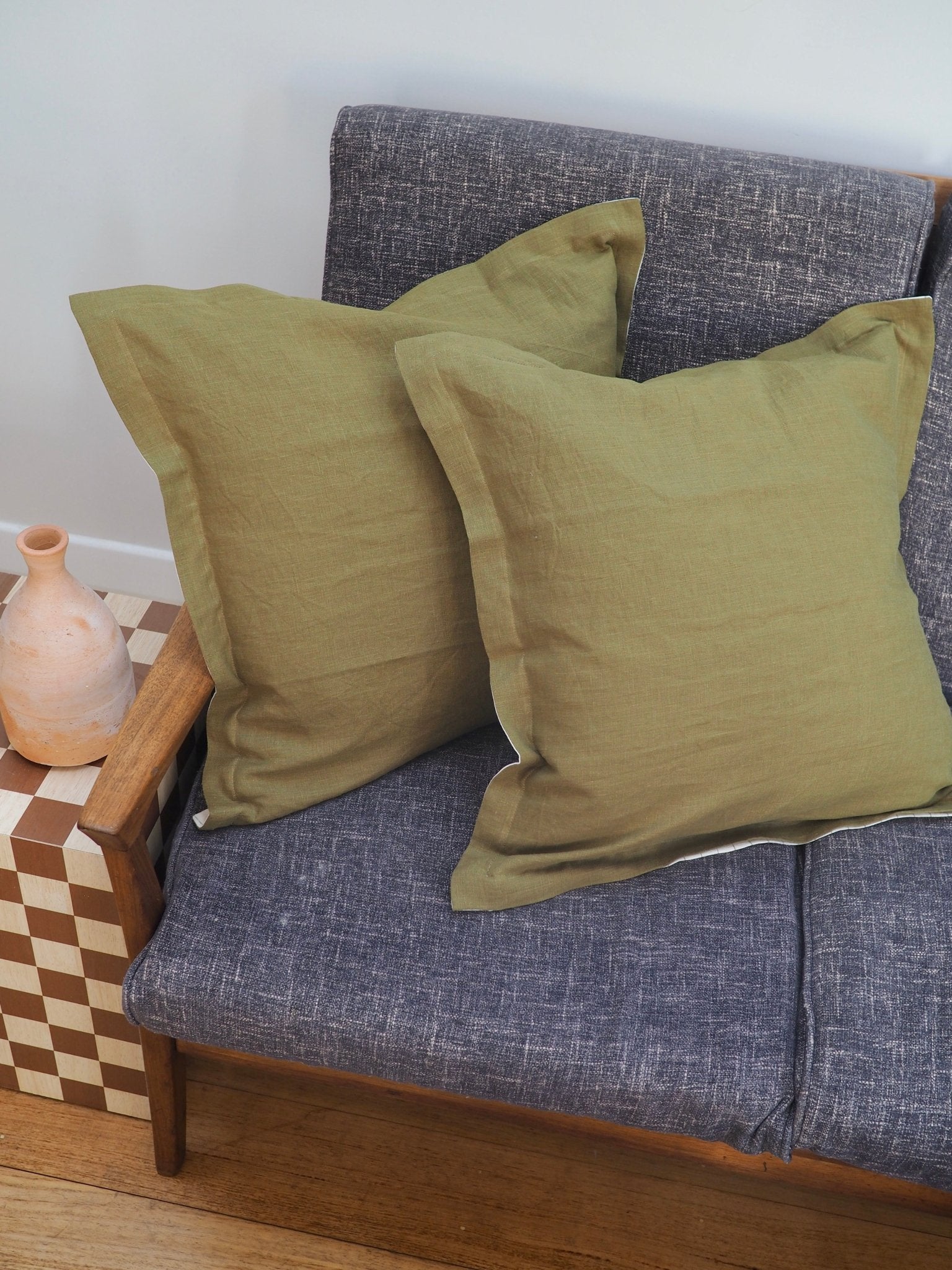 Gina Double Sided Linen Cushion Cover in Olive and Olive Stripe - TSL Co