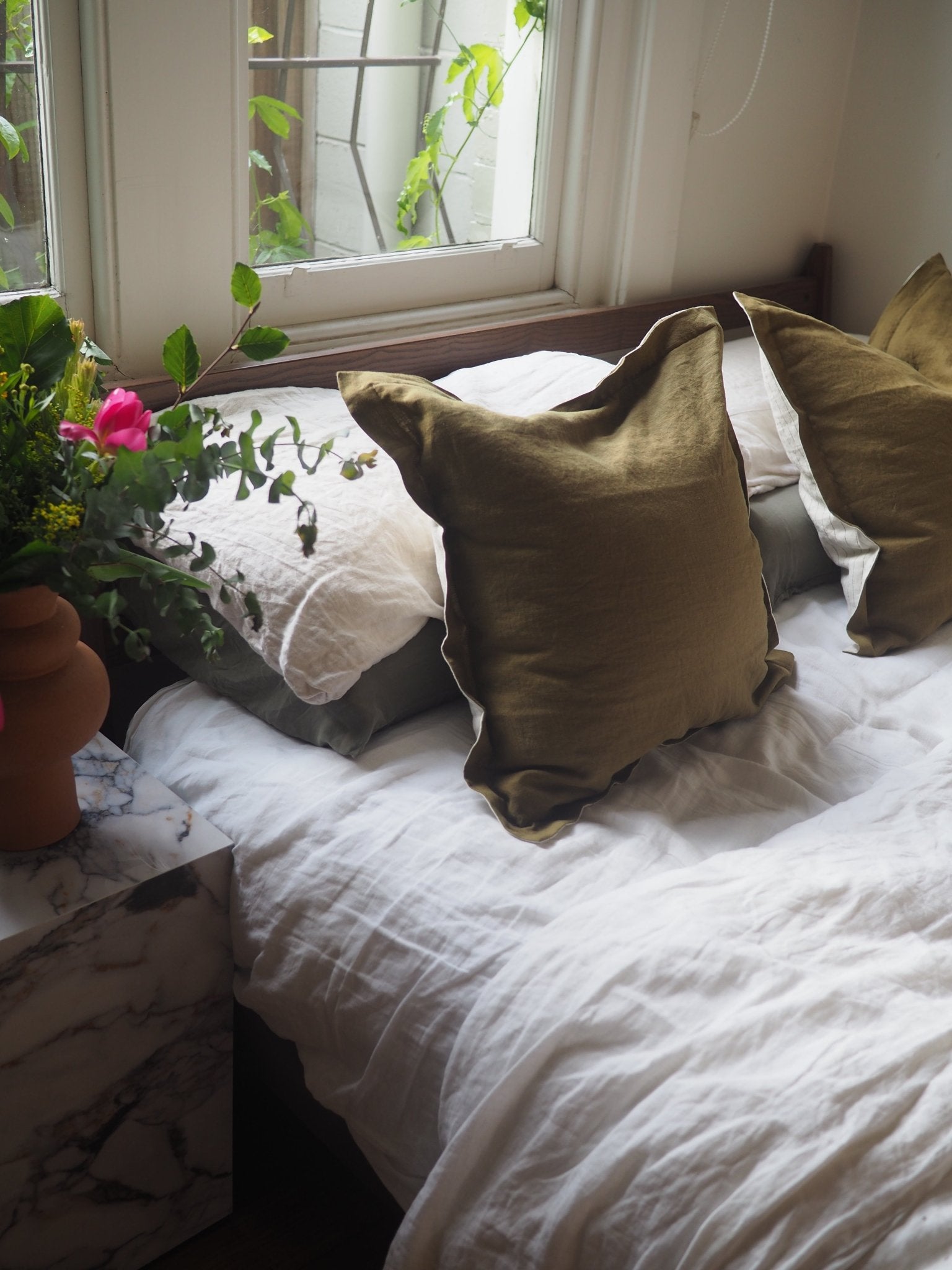 Gina Double Sided Linen Cushion Cover in Olive/ Olive Stripe - TSL Co